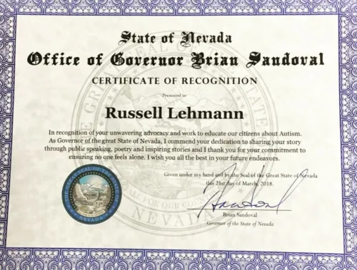 Certificate of Recognition from Nevada Governor Brian Sandoval