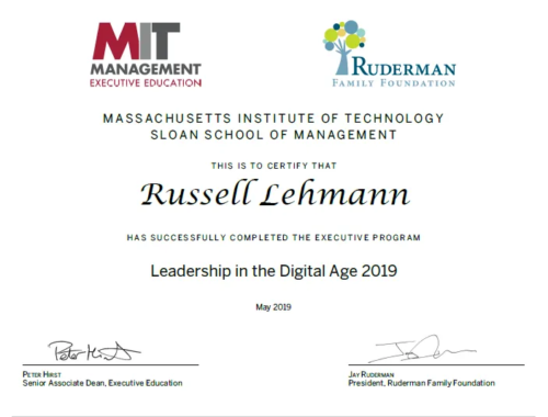 Russell Lehmann graduation certificate from the Ruderman Family Foundation's "Leadership in the Digital Age" at MIT Sloan School of Management, May 2019